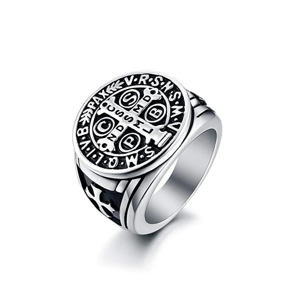 

EVERLEAD Men's St Benedict Exorcism Ring Stainless Steel symbol of Benedict Catholic Roman Cross Demon Protection Ghost Hunter