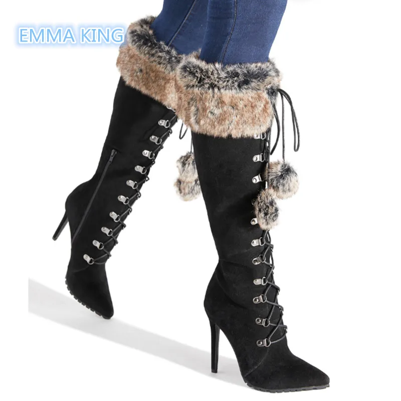 

Winter Pompom Lace-Up Designer Women Knee High Boots Pointed Toe Stilettos Fashion Snow Boots Suede Warm High Heels Shoes Woman