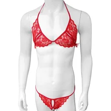 Floral Sexy Lace Sissy Lingerie Set Open Crotch Thong Adjustable Nightwear Sleepwear Mens Bra Top with Thong Gay Sissy Panties contrast lace silps with thong
