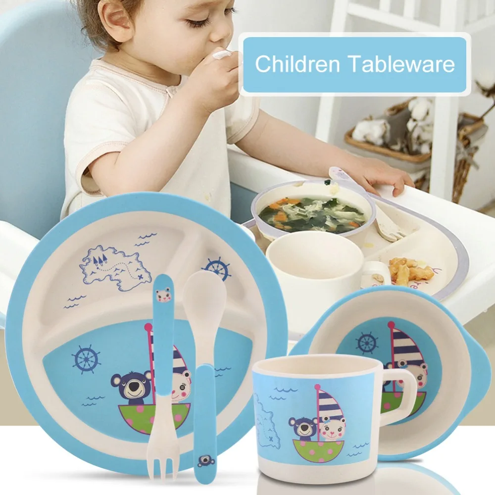 

5Pcs/Set Bamboo Fiber Children Tableware for children baby Dishes Dinnerware Set Feeding Bowl Dishes baby Dishes Dinnerware