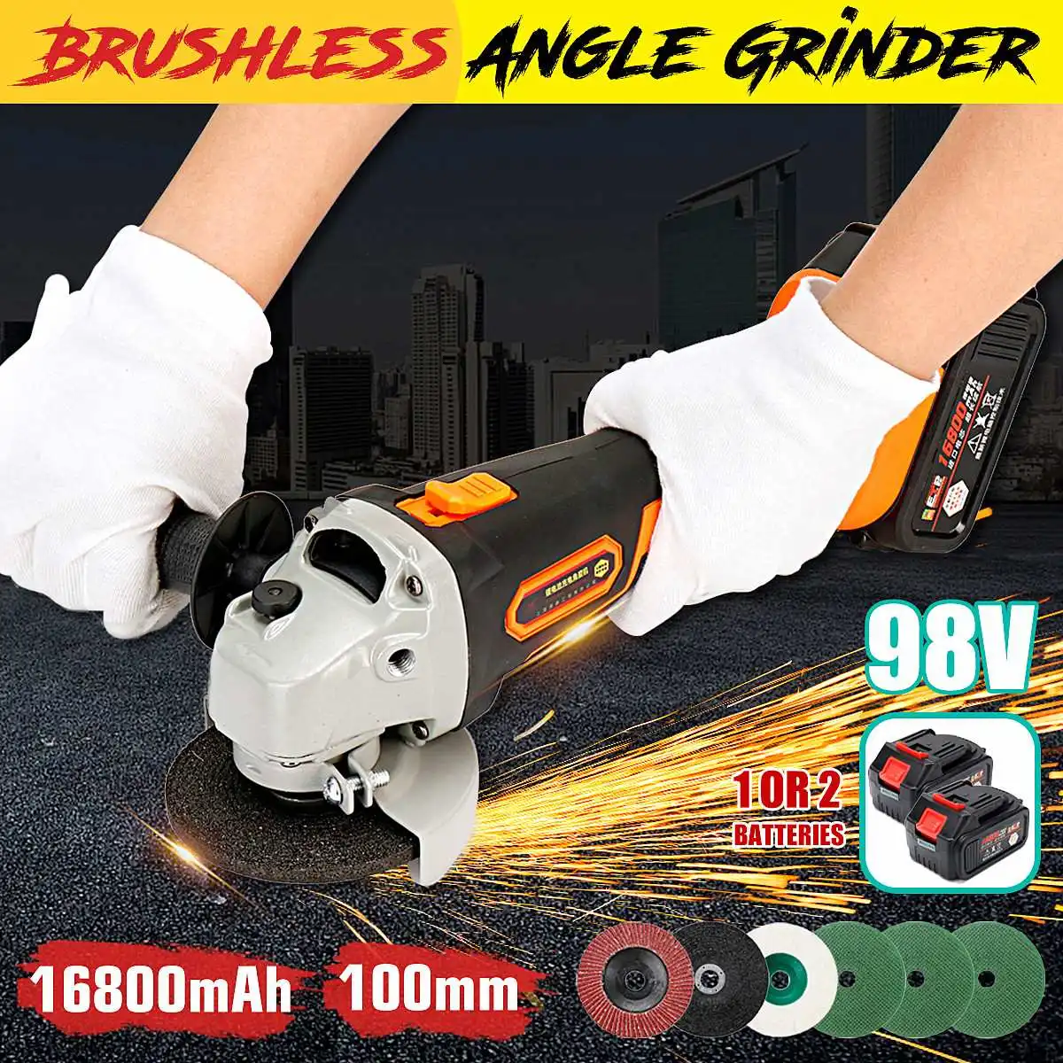 

220V Rechargeable Electric Angle Grinder Brushless Motor Wood Metal Cutting Grinding Machine Saw Power Tools 12800mAh Li Battery