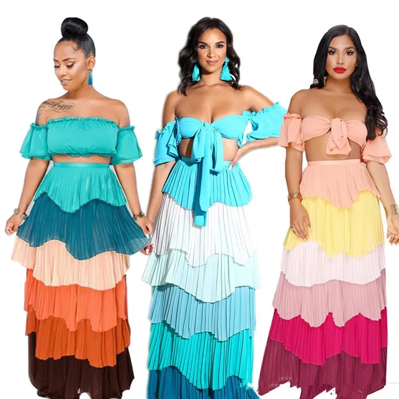 

Sexy Women Strapless Crop Top High Waist Long Skirt Two Piece Sets Clubwear Party Colorful Stripe 2 Piece Sets