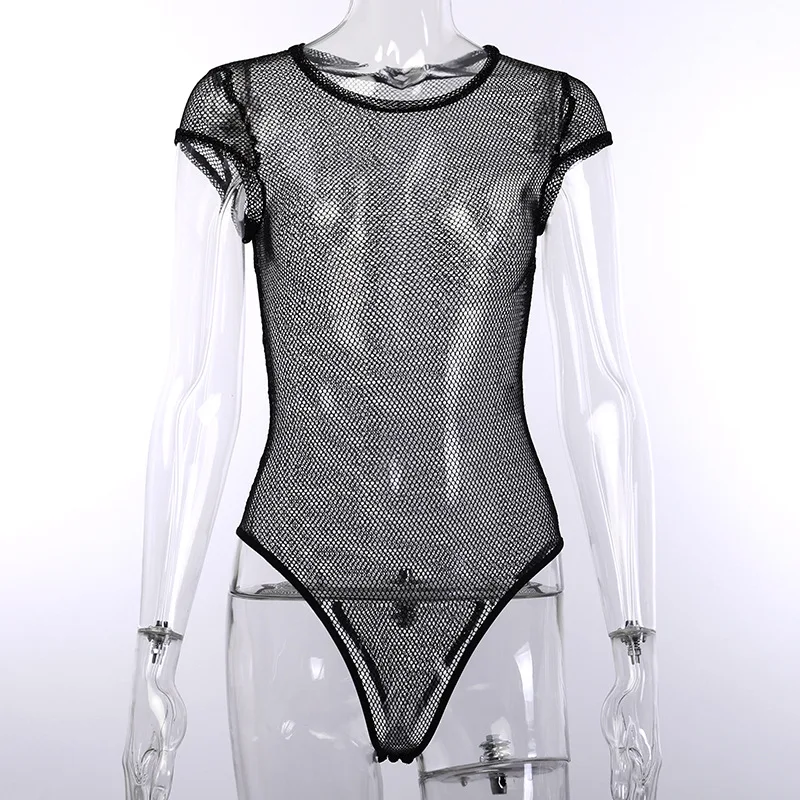 Fishnet Hollow Out Mesh Bodysuit Summer Short Sleeve Skinny See Through Skinny Party Rompers Bamdage Playsuit Beachwear swimwear