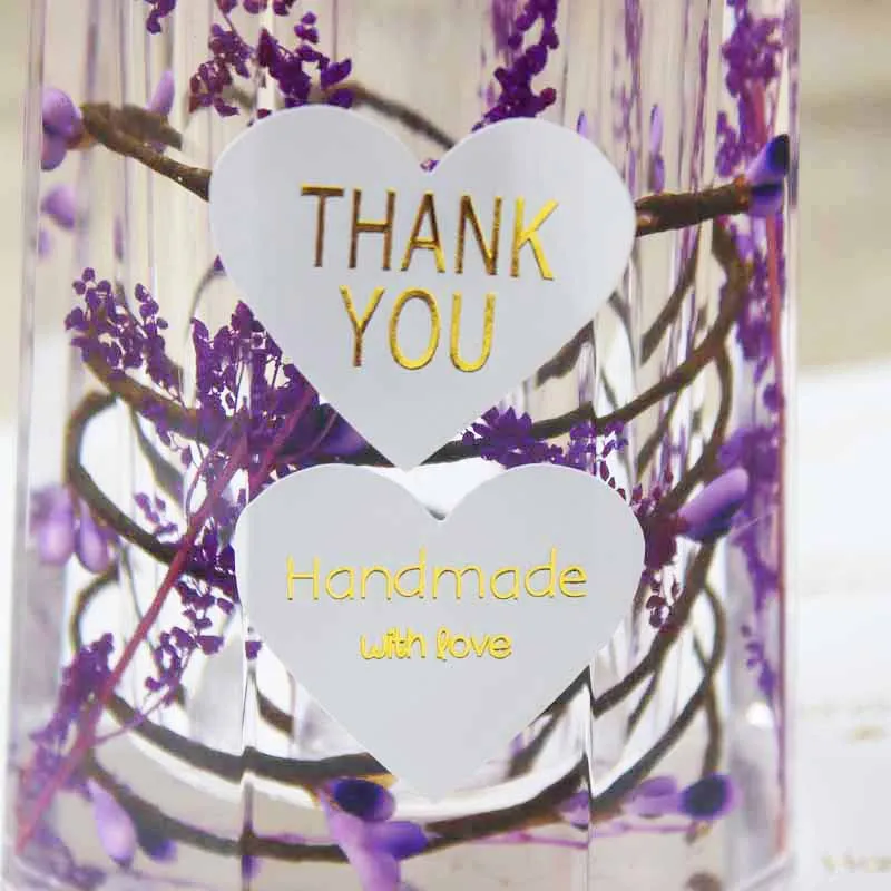 100pcs mulit paper gold/silver foil labels DIY handmade with love self adhesive labels heart shape thanks you gift labels 33*29m