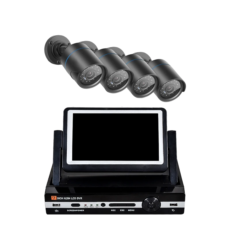 

4 CH Security Camera System Kit 7 inch LCD 1080N AHD DVR Monitor 4 pcs 1.0MP Weatherproof IP Camera Night Vision