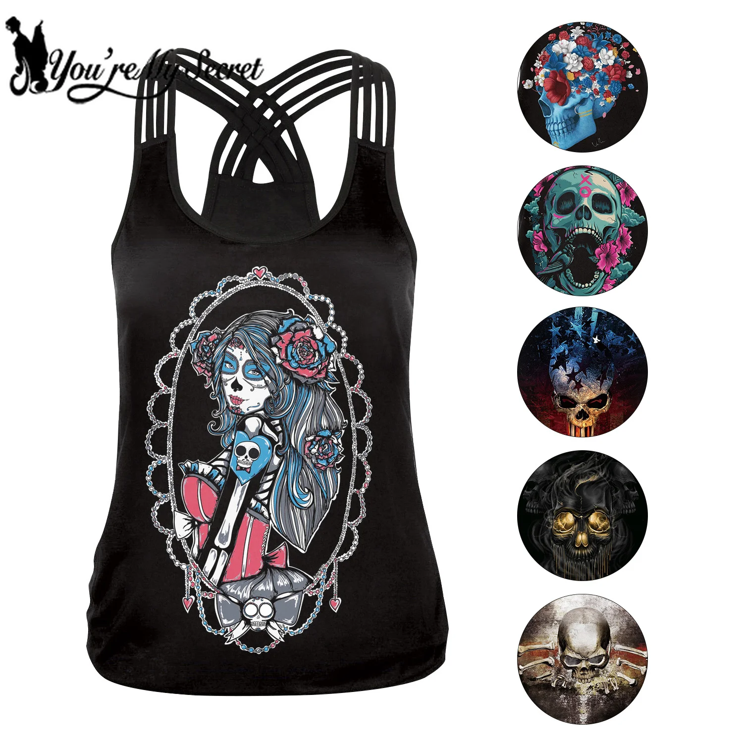 

[You're My Secret] 2019 Fashion Halloween Sugar Skull Rose Girl Tank Top for Women Gothic Style Back Cross Sleeveless Vest