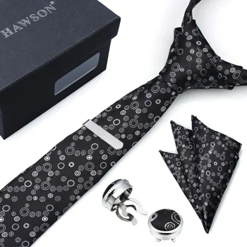 

HAWSON Necktie Set with Silver Pattern in Black Pocket Square Tie-Clip and Button Cover Cuff-links for Birthday Wedding Party