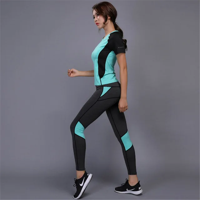 Женская спортивная одежда OLOEY, комплект для йоги, одежда для фитнеса, тренажерного зала, футболка для бега, тенниса+ штаны, Леггинсы для йоги, спортивный костюм для бега и тренировки - Цвет: Green 2Pcs set