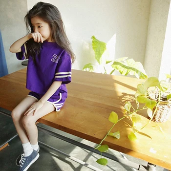 

KISBINI Sports Style Big Girls T-Shirt Set Summer Clothes Set Letter Stripe Cotton T Shirt+Shorts 2PCS Suit For Kids Children