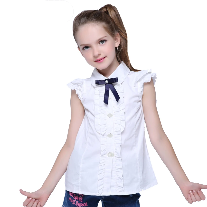 Весенне-летняя белая рубашка с короткими рукавами для девочек, тонкая белая блузка с поясом для девочек, одежда для детей 6, 8, 10, 12 лет