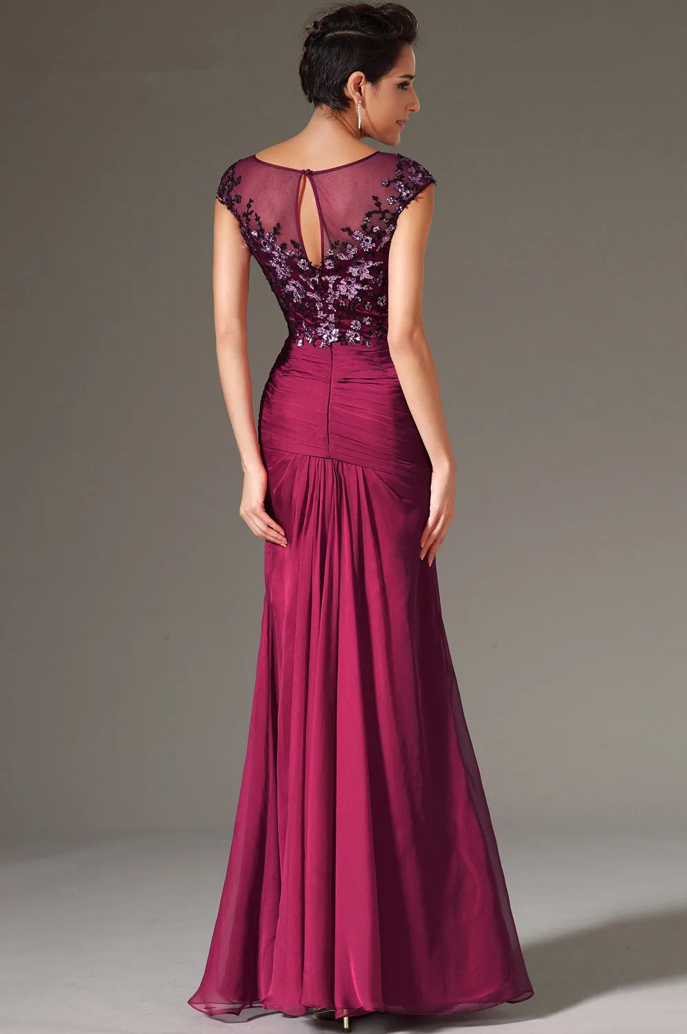 Free-Shipping-O-Neck-Cap-Sleeves-Front-Slit-Burgundy-Evening-Dresses (2)