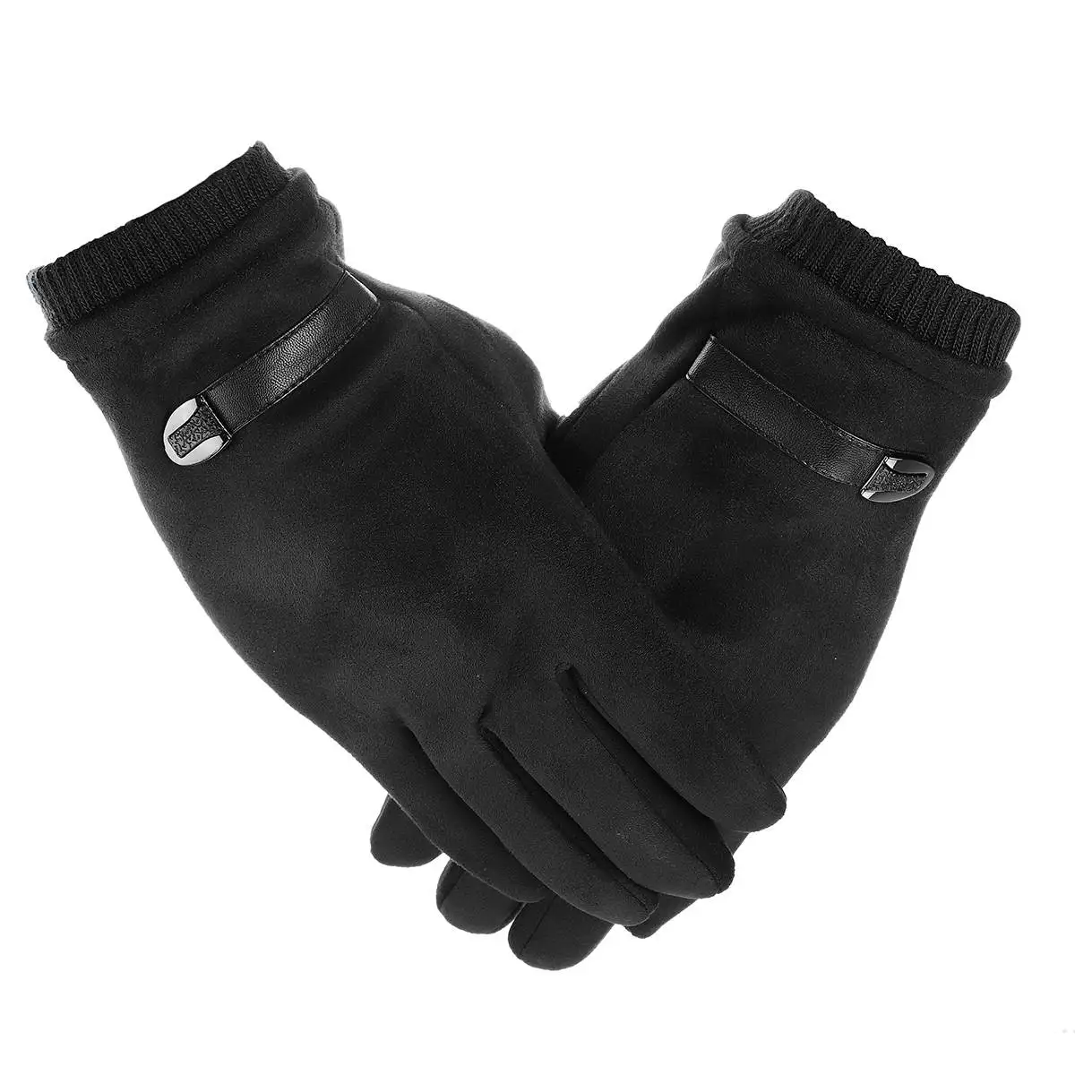 Мужские зимние теплые замшевые кожаные флисовые перчатки для вождения, ветрозащитные уличные перчатки для спорта, велоспорта, катания на лыжах, теплые перчатки - Цвет: Черный