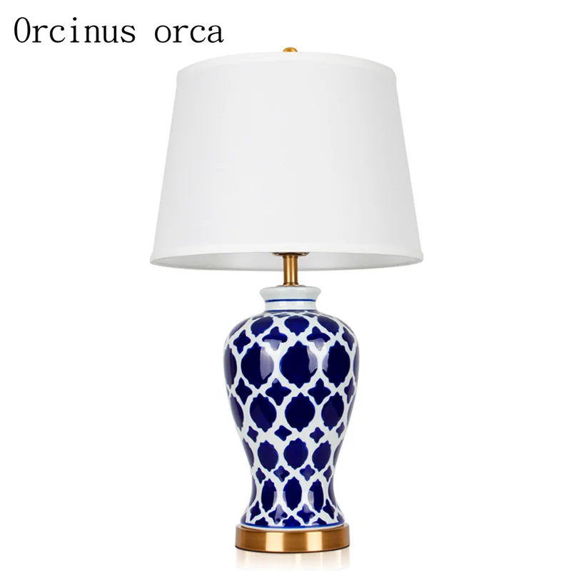 Американский стиль, антикварная синяя настольная лампа для гостиной, прикроватная лампа, ручная роспись, креативная Керамическая Настольная лампа