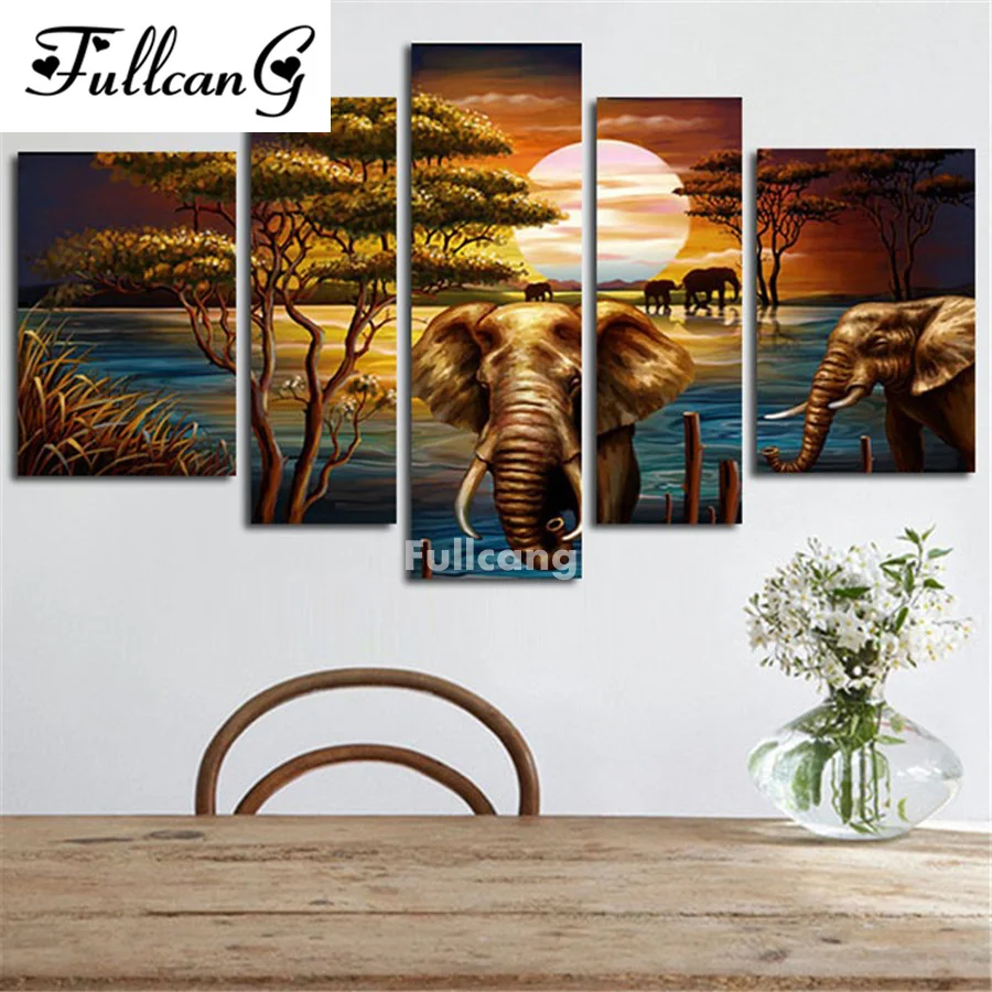 

FULLCANG Setting Sun Elephant 5pcs Diamond Painting Cross Stitch Square diy Diamond Embroidery Home Decor Diamond Mosaic F214