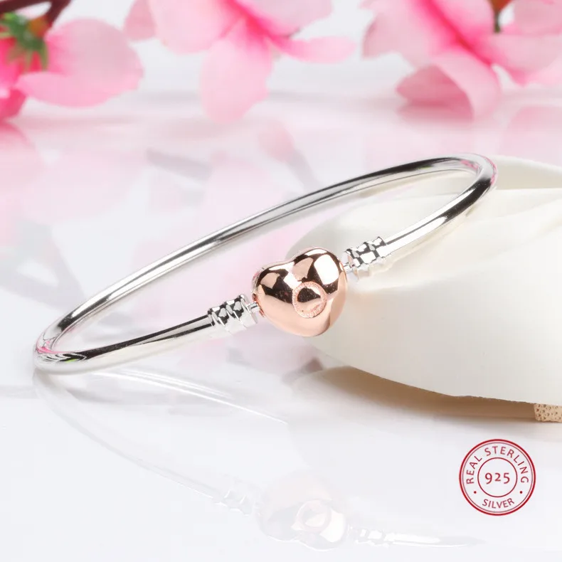 

Genuine 925 Sterling Silver Love Heart Buckle Rose Gold Filled Bracelet & Bangle Fit women charm Bead Original Jewelry Pulseira