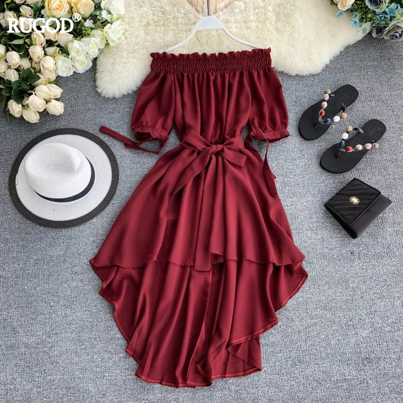 

RUGOD 2019 Summer Chic Irregular Fishtail Chiffon Dress Women Multi Colors Off Shoulder Belted Midi Dress Party Beach Dresses