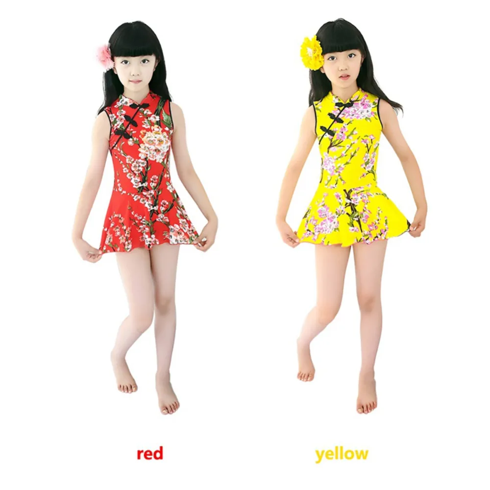 Летние Новые поступления Cheongsam цветочные шелковые Купальники для маленьких девочек детские цельные боди-боди купальник без рукавов