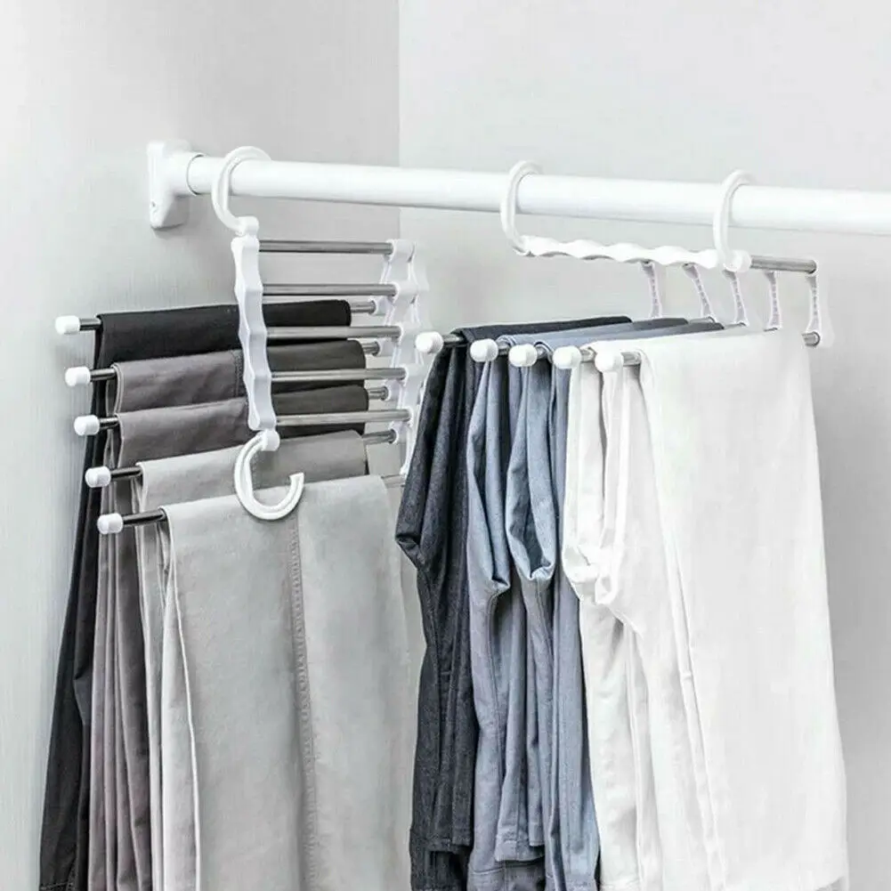 

5 in 1 Multi-functional Pants Rack Shelves Stainless Steel Wardrobe Magic Hanger Trousers Belt Scarf Holder Rack Saving Space