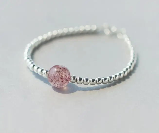 Реальные. 925 пробы серебряные ювелирные изделия натуральный розовый клубничный кварц камень с счастливый круглый шар браслет из бисера талисманы GTLS334