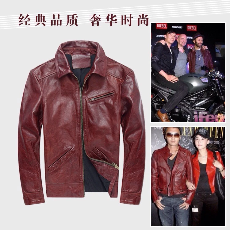 Men Casual Leather Jacket Red Color Plus Size XXXXL Genuine Thick Cowhide Clothing Men's Winter Warm Slim Fit Leather Coat (15)