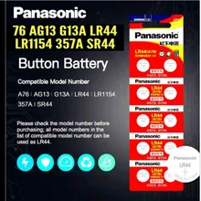 Panasonic baterias de pilhas, baterias de pilhas para calculadoras 0%Hg, célula de bateria LR44 A76 AG13 0%Hg SR1154 357 LR 44 1,5V com 10 peças