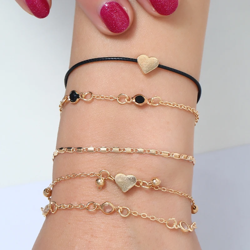 

XIYANIKE New Bohemian Heart Beads Black Rhinestone Rope Chain Bracelet Set Retro Statement Female Glamour Fashion Jewelry