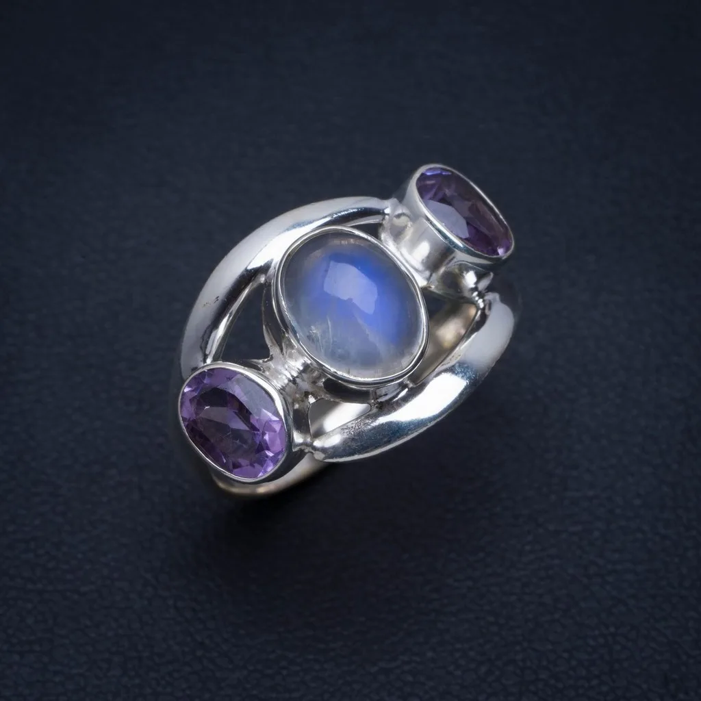 

Natural Rainbow Moonstone and Amethyst Handmade Unique 925 Sterling Silver Ring 9.75 A3967