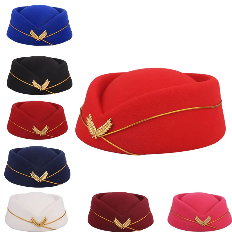 

2019 Party Cap Wool Felt Air Hostesses Beret Hat Base Cap Airline Stewardess Sexy Formal Uniform Hat Caps Accessory Roll play