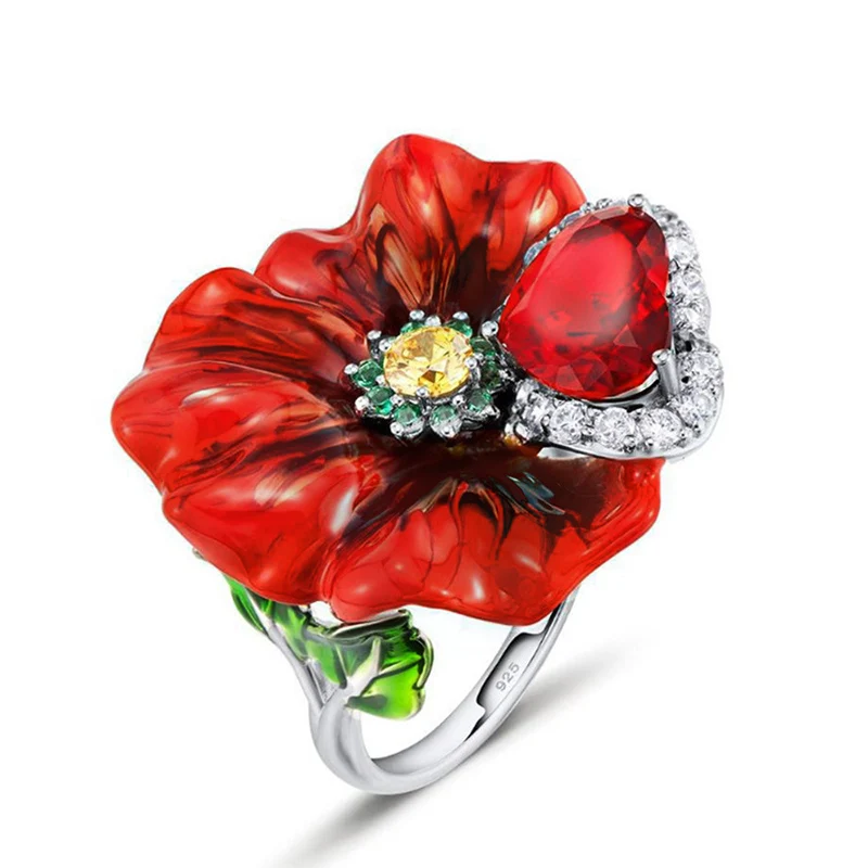 

Luxury Flower Rings For Women Party 925 Sterling Silver Creative Red Rose Flower Ring Fashion Jewelry Gifts Handmade Enamel