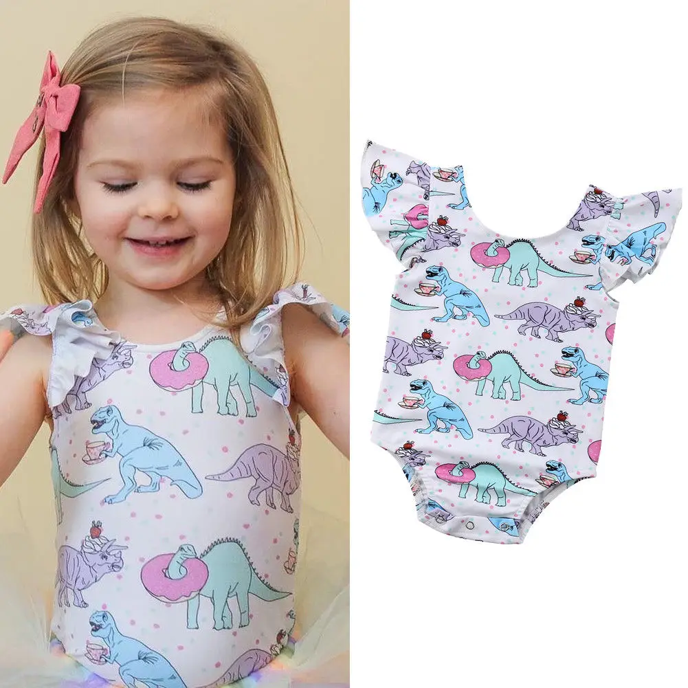 Newborn Infant Baby Girls Summer Lovely Casual Romper Short Petal Sleeve Cartoon Dinosaur Print