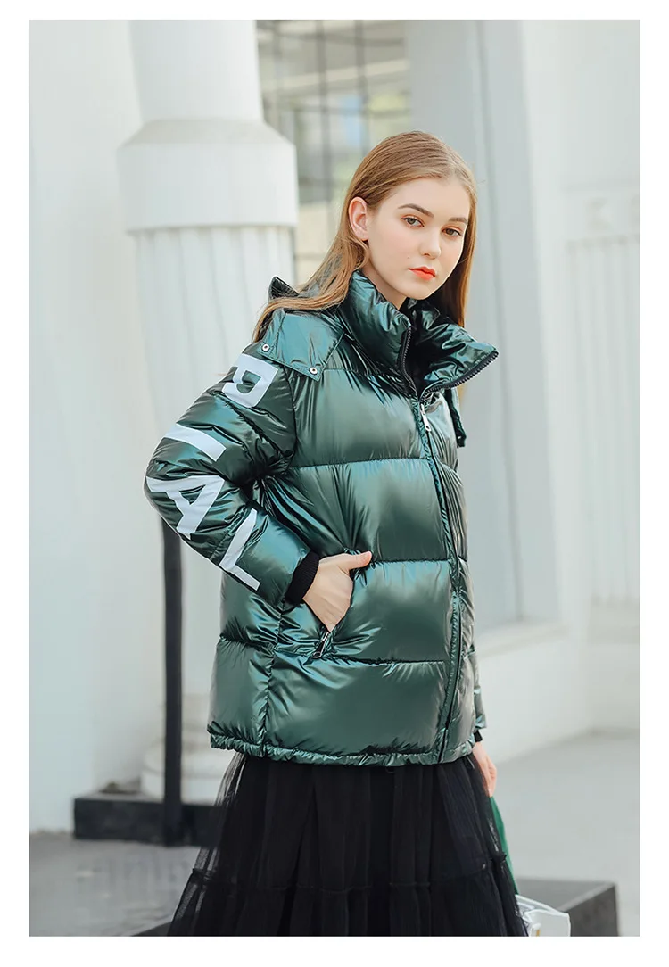 Зимняя куртка женская с буквенным принтом металлическая Глянцевая пуховая парка 5 цветов с капюшоном яркие блестящие теплые толстые парки женские пальто