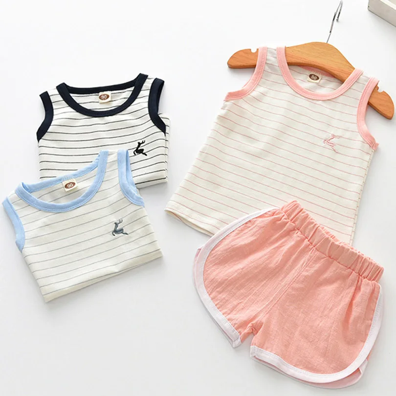 

Boy Girl Summer Clothes Set Children Casual Clothing Suit Baby Striped Sleeveless Vest Top + Shorts For Boy 2-6 Years