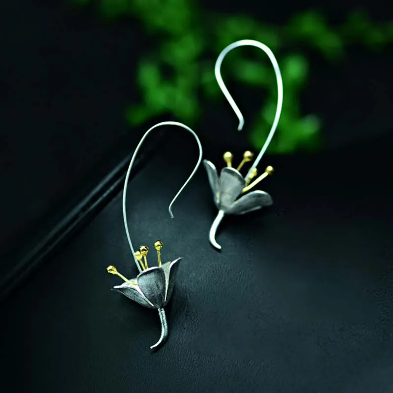 

UFOORO 925 silver drop Earrings Vintage Long flower Earrings Silver color High Quality Fashion Jewelry for Women Best Gift 2018