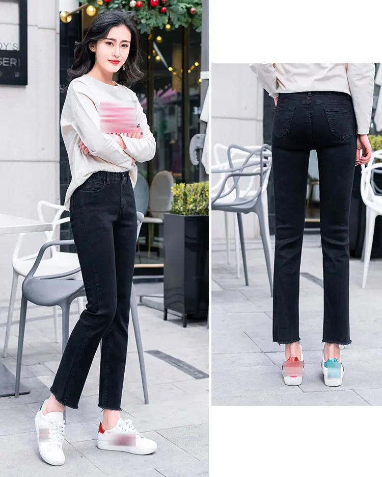 2019 весна эластичный пояс корейский стиль женский узкие джинсы тонкий высокая талия по щиколотку брюки свободные прямые повседневные брюки