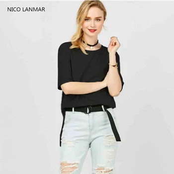 

Short Sleeve Pullover Women T-shirt Summer Solid Color Contracted Slim Female Large Size Versatile Circular Slit O-neck Shirt