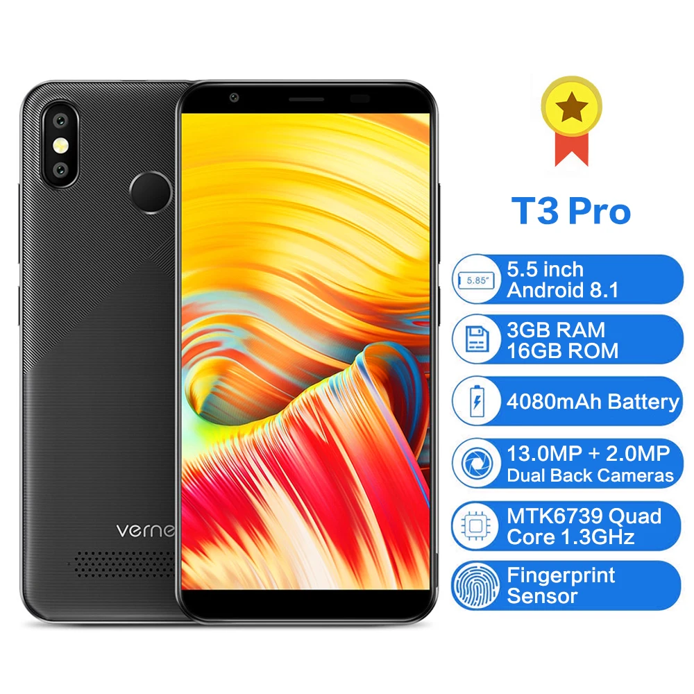 

Vernee T3 Pro 4G Phablet 5.5 inch Android 8.1 MTK6739 Quad Core 3GB RAM 16GB ROM Smartphone Fingerprint Mobile Phone Cellphone