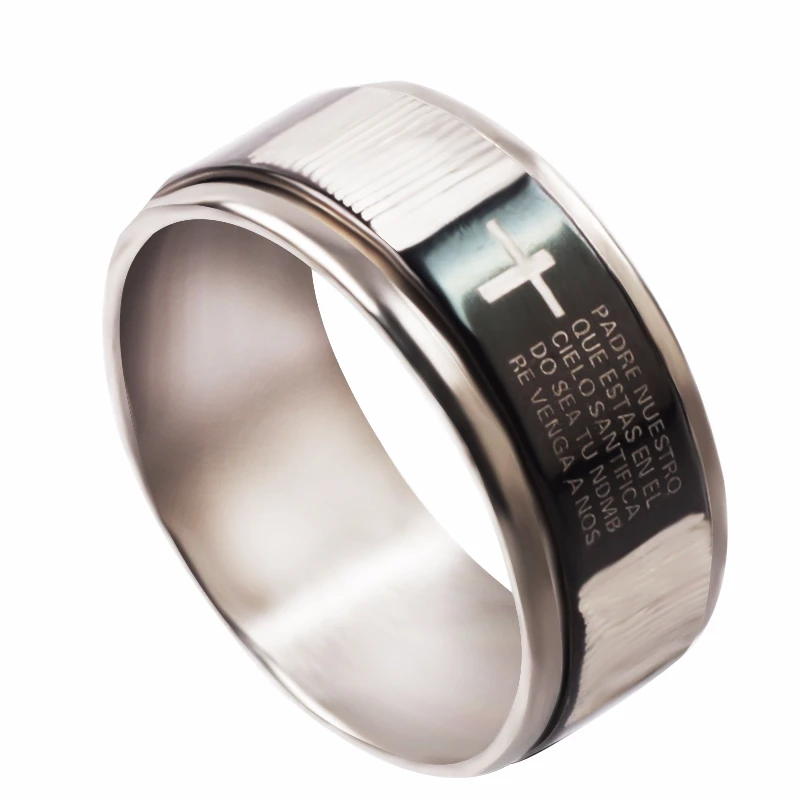 

QianBei 10mm Fashion Spanish Scriptures Rotating Spinner Rings Cross Men Silver Black Stainless Steel Ring For Women Jewelry