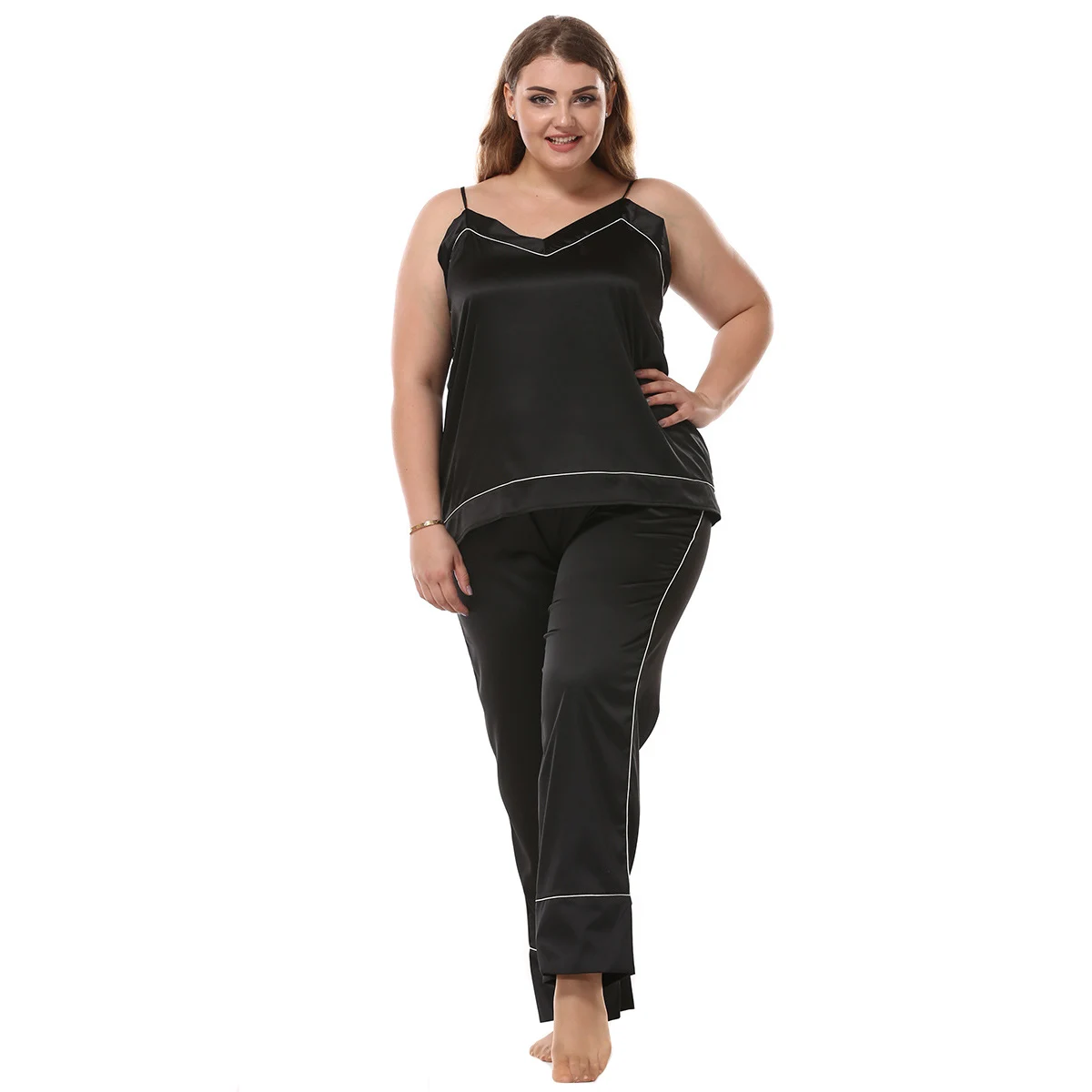 

Sexy V-Neck Cami+Pants Pajama Pijama Set Women 2PCS Sleepwear Rayon Satin Nightwear Suit Large Size L-XXXL Lounge Home Wear