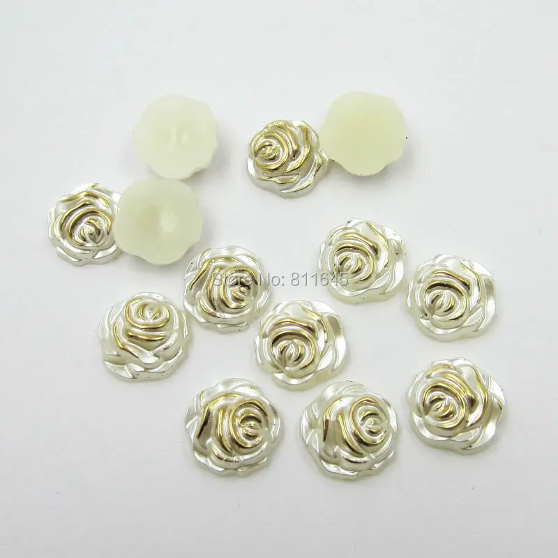 

500pcs 12mm Ivory Hot Stamping Rose Flower Shape Imitation Pearls Gold Beads For Nail Art Phone Wedding Decoration