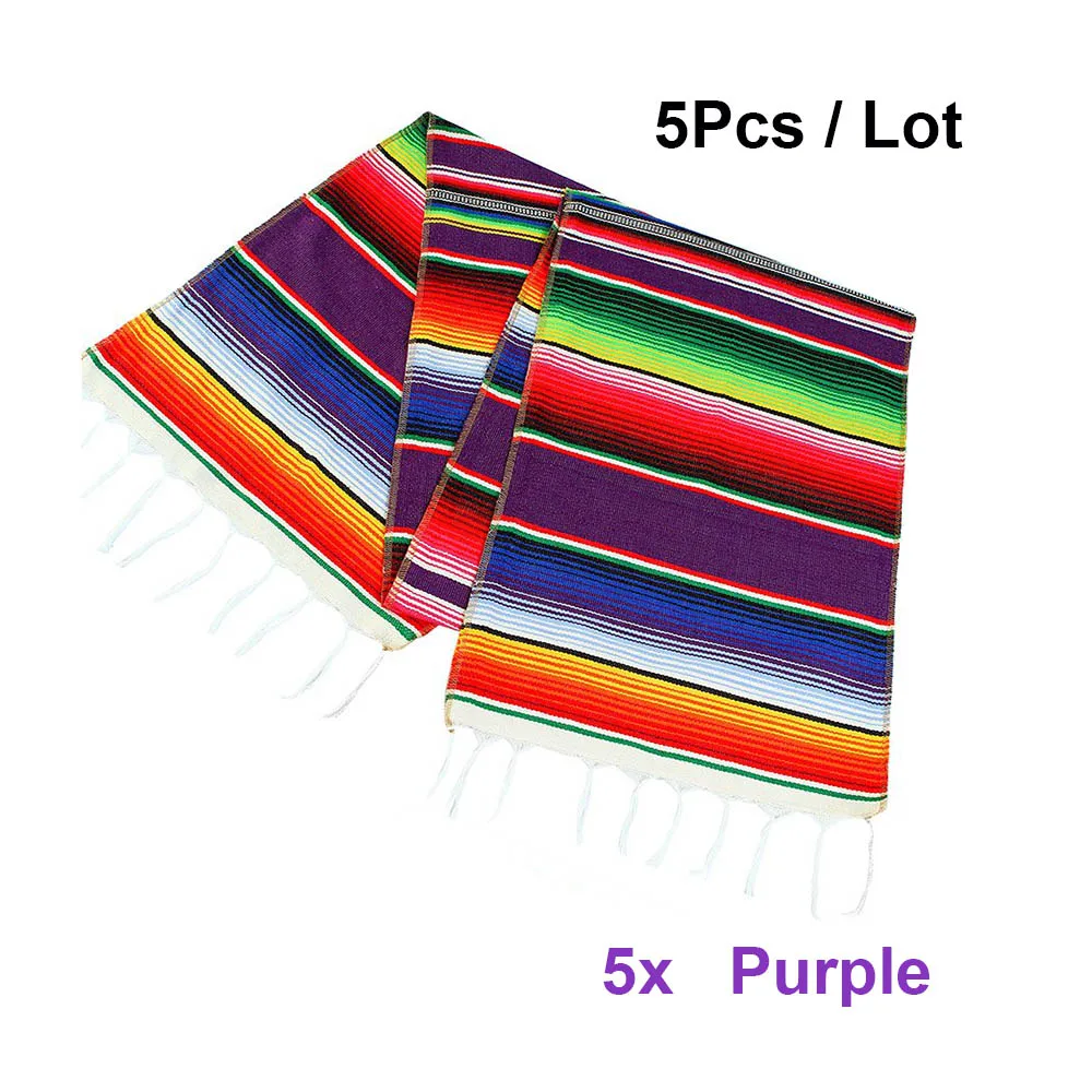 Purple-5Pcs Мексиканский Serape Настольная дорожка хлопковая скатерть Радуга DIY свадебные Fiesta вечерние украшения 213X35 см 1/2/4/5 шт 2 Цвета - Цвет: Purple-5Pcs