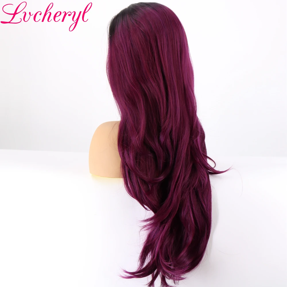 Lvcheryl Natural Long Ombre Black To Mixed Purple Hair High Density Heat Resistant Glueless Synthetic Lace Front Wigs