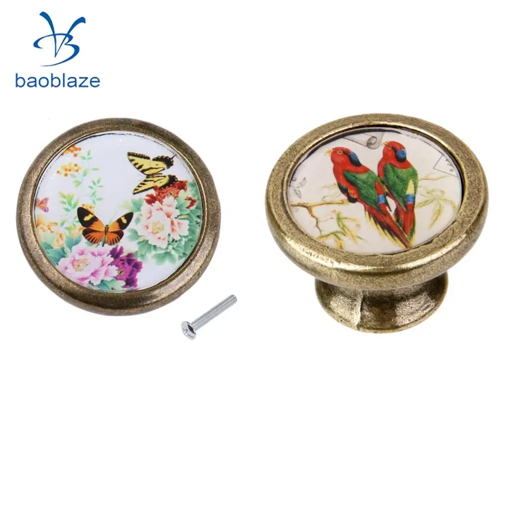 2 Pieces Antique Brass Cabinet Drawer Round Pulls Wardrobe Cabinet Door Cupboard Knob Handle Butterflies + Birds