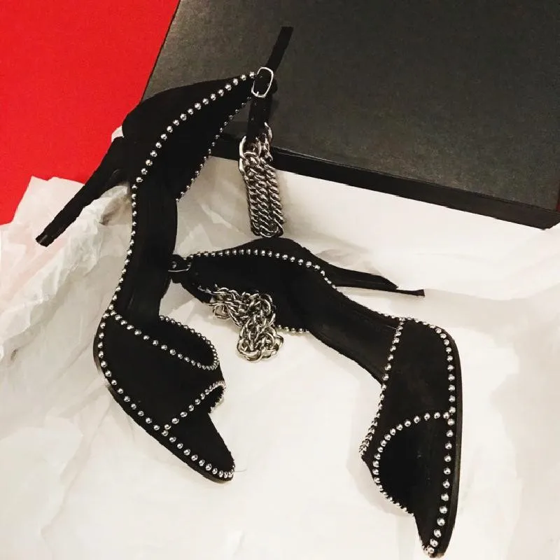 

Sliver Chain Buckle Real Leather Sandals Women Black Peep Toe Summer Shoes Woman Ankle Strap Pumps Gladiator Shoes Women Ladies
