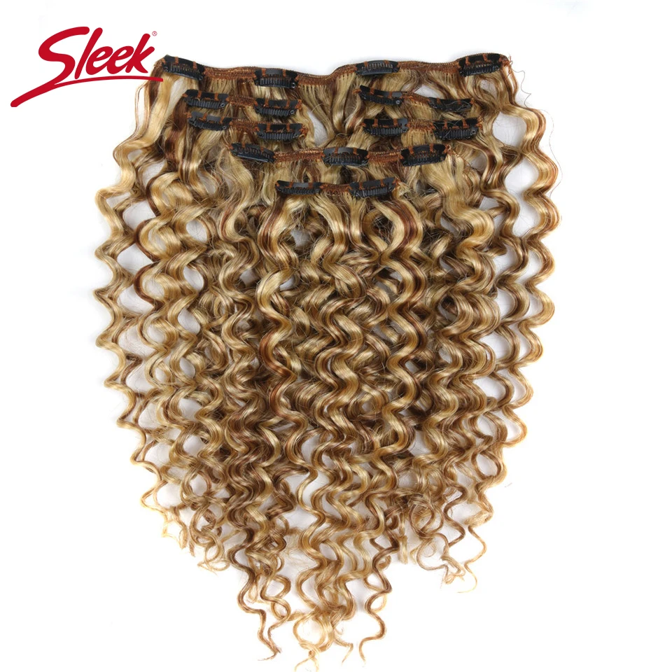 

Sleek Colorful Hair 7Pcs Clip In Human Hair Extensions Indian Jerry Curly Piano Color P6/613 Full Head Sets Remy Hair Extension