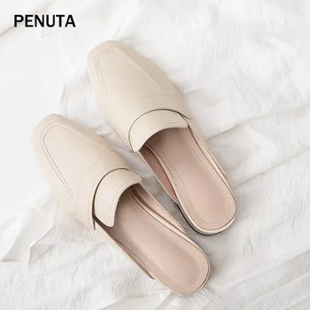 

2019 PENUTA Genuine Cow Leather Ladies Slippers Slim Fit Ladies Slides Square Toe New Designer Mules Shoes Japanese Shoes PT903