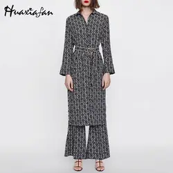 Huaxiafan Мода Пояса Длинные блузка геометрическая с длинным рукавом Офис свободные Для женщин рубашка Топы и блузки 2018 осенняя одежда