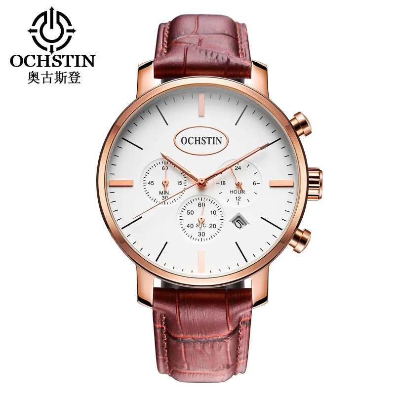 

OCHSTIN brand luxury mens watches quartz brown black blue genuine leather man wristwatches Chronograph calendar waterproof