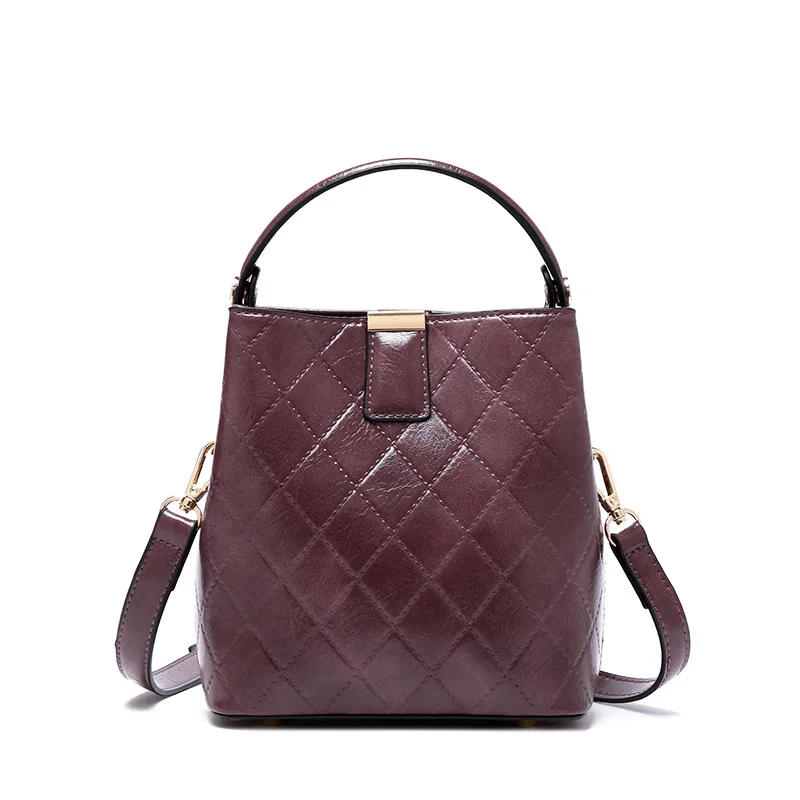 Chu JJ Small Women's Genuine Leather Handbags Vintage Plaid Shoulder CrossBody Bags For Women Bucket Bags Lady