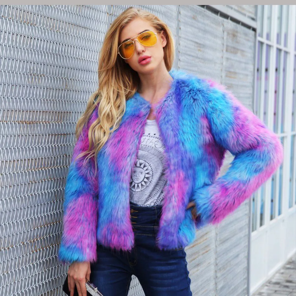 Blue Purple Mixing Faux Fur Coat Women Fluffy Warm Female Outerwear