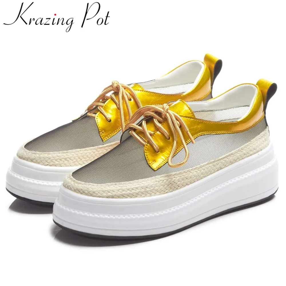 

Krazing Pot Spring Summer comfortable breathable mesh lace up round toe lace up cow leather loafers sneaker vulcanized shoes L25